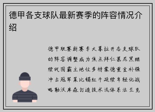 德甲各支球队最新赛季的阵容情况介绍